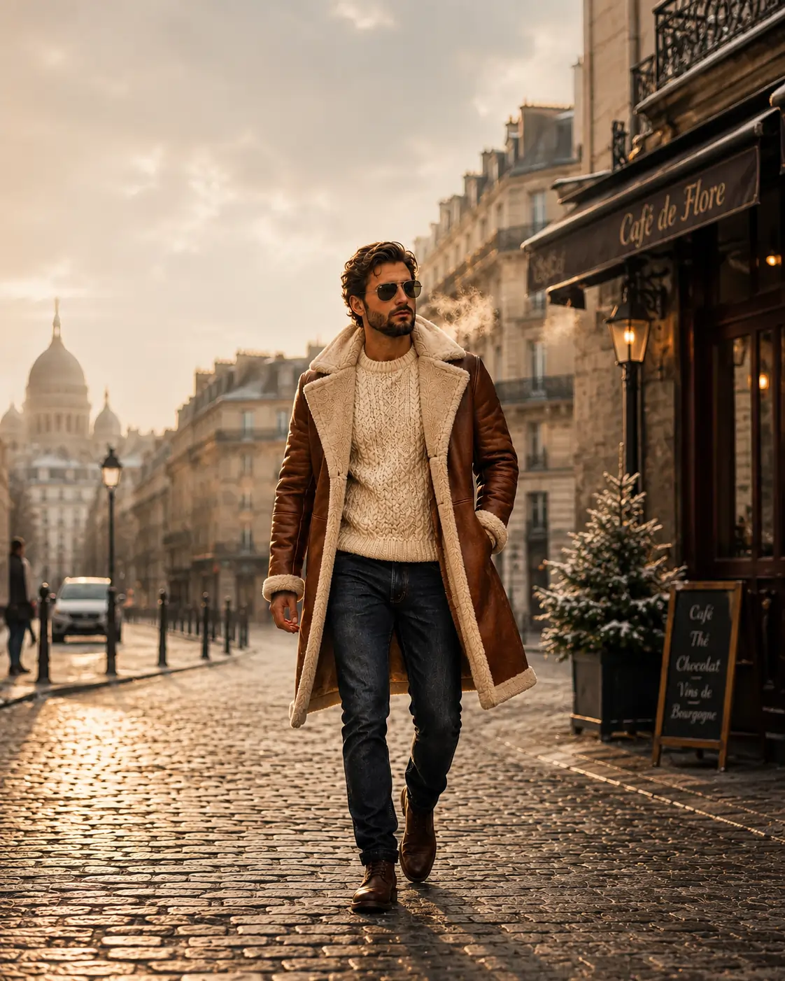 Shearling coat styled open over a chunky knit sweater